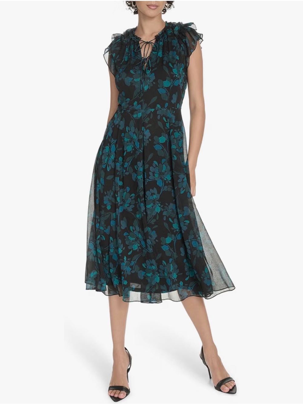 💚Tommy Hilfiger Green & Black Floral Tie-Neck Midi Dress with flutter sleeves